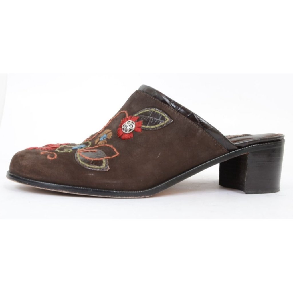 Brighton Fiona Women 8 Brown Suede Colorful Flowers Slide Mules Western Festival — image 3 of 8